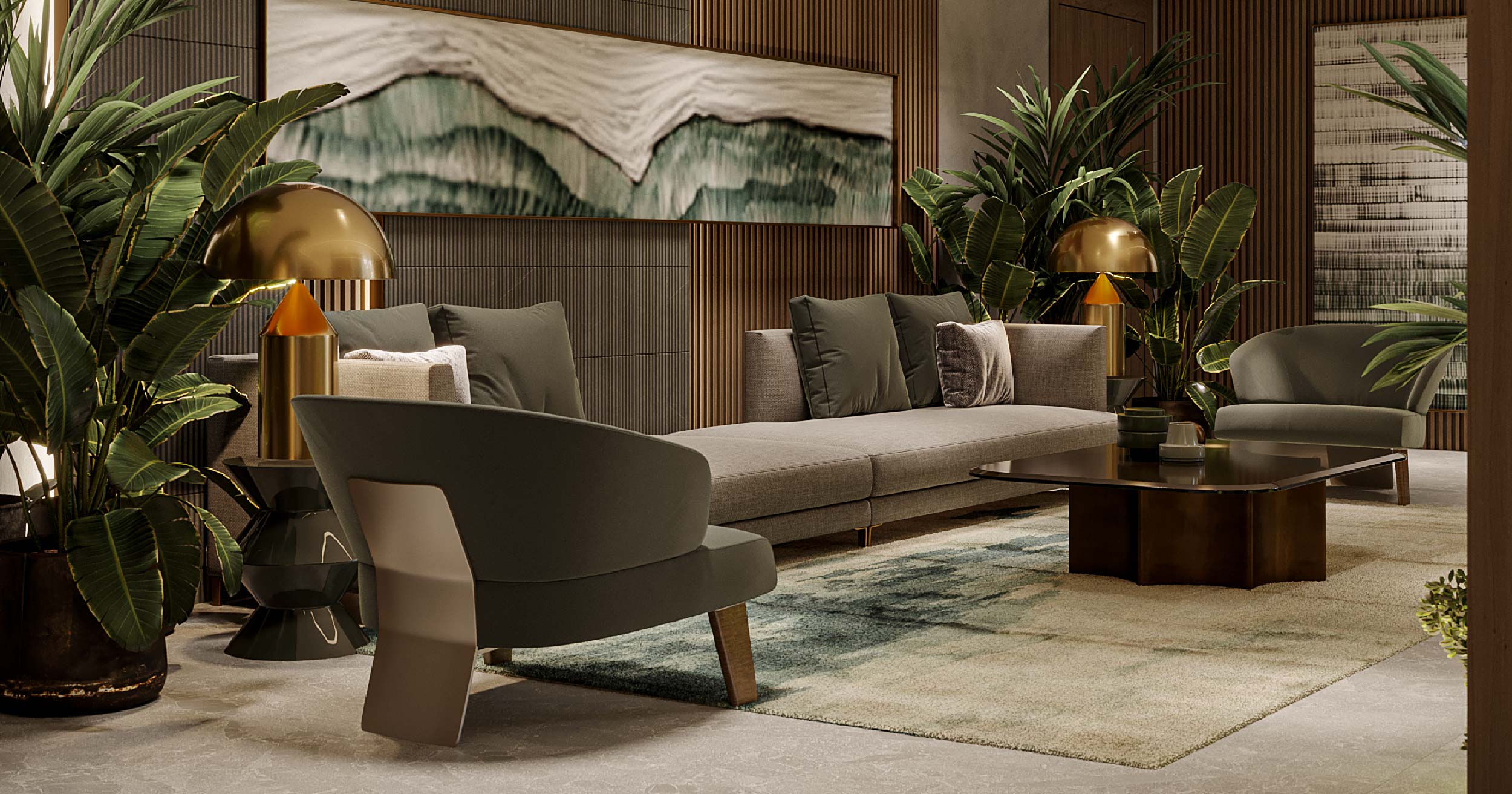 Westwood By Imtiaz Stylish living room featuring a modern sofa, decorative plants, lamps, and an artistic wall hanging.